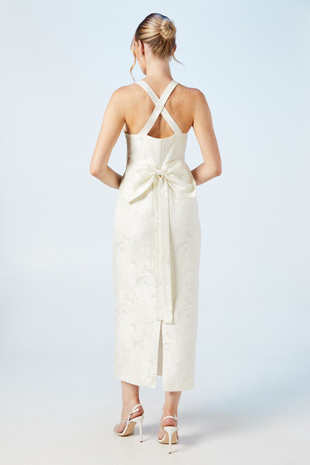 Oasis Cross Back Column Jacquard Wedding Dress With Bow Midi Detail Ivory image 3