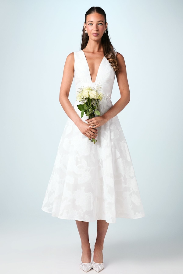 Coast Plunge Neck Jacquard Midi Wedding Dress Ivory