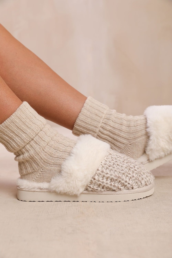 Where's That From 'Lounge' Slip On Knitted Slippers With Fur Trim