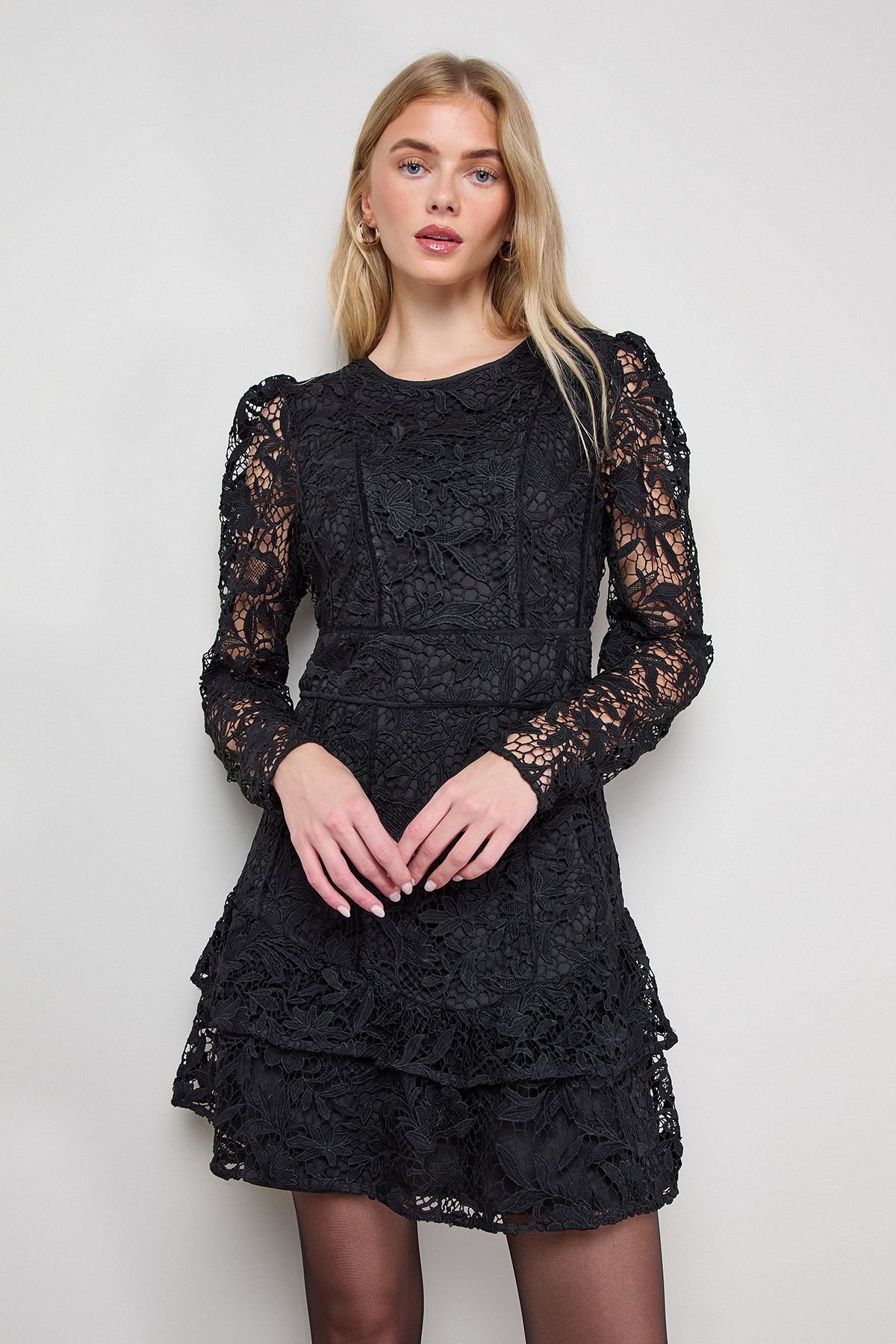 Oasis Lace Trim Detail Tiered Fluted Sleeve Mini Dress Black image 1