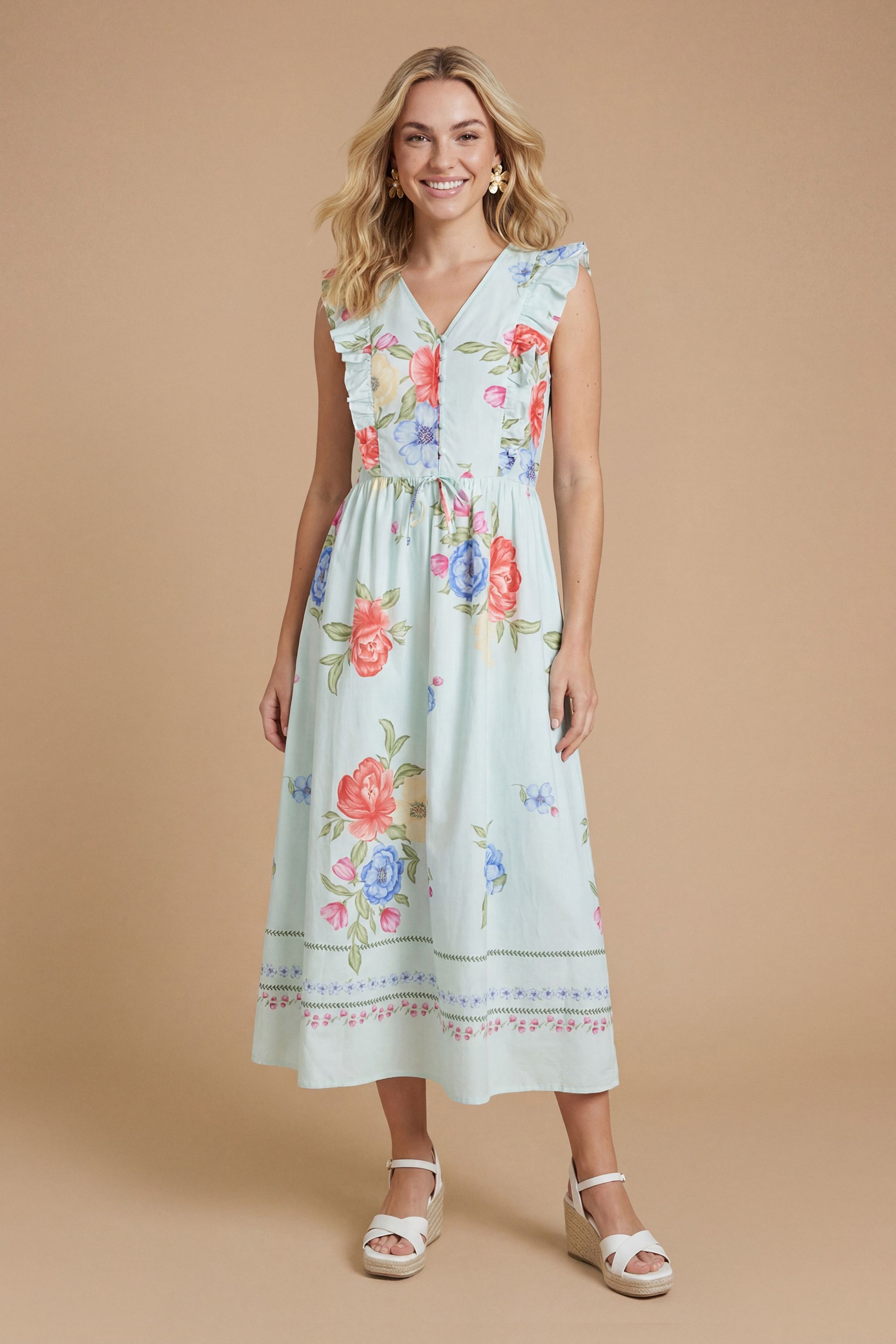 Dorothy Perkins Lace Up Front Flutter Sleeve Printed Poplin Midi Dress Sage