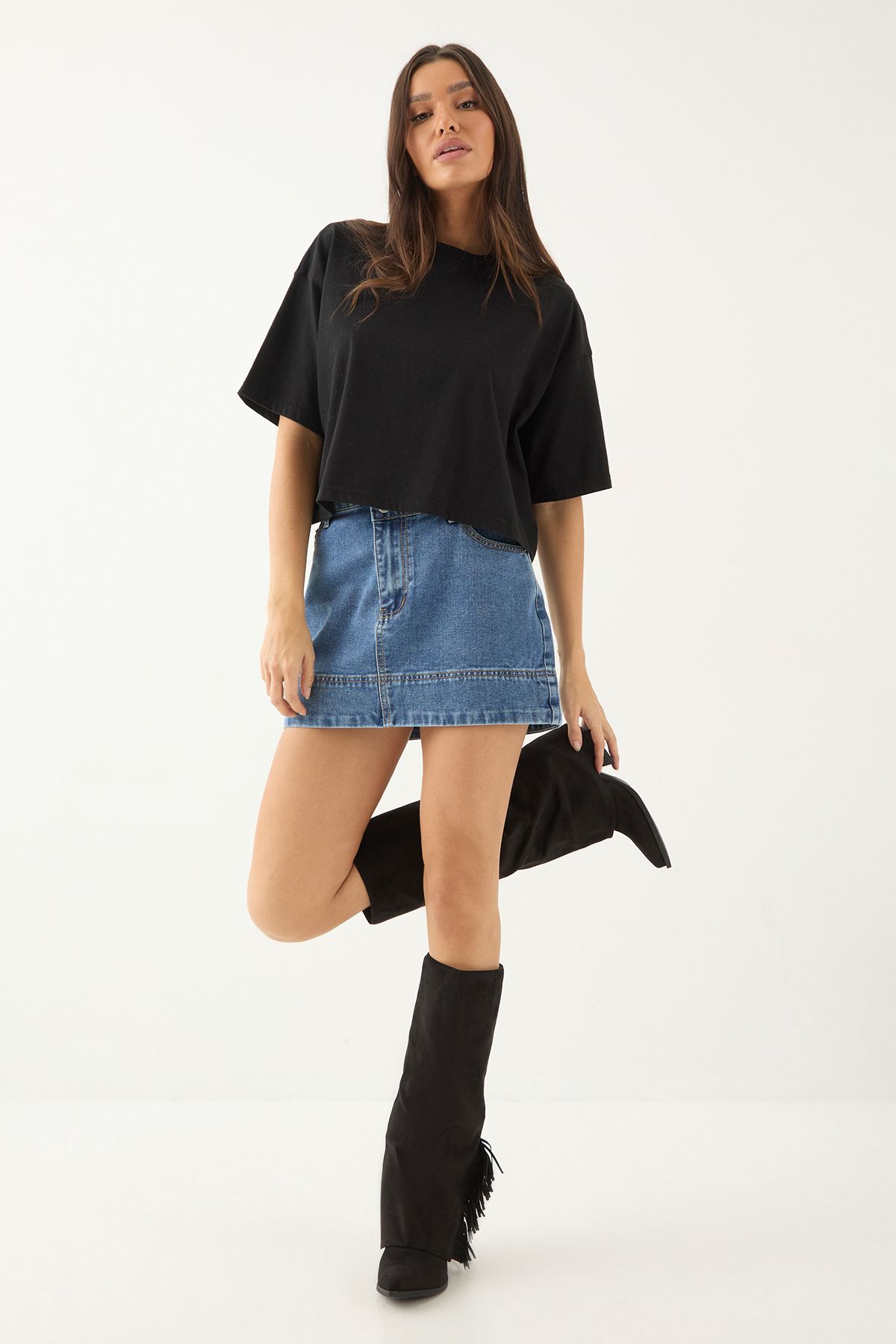 MissPap Faux Suede Sleeve And Fringe Detail Western Knee Boots Natural Black image 2