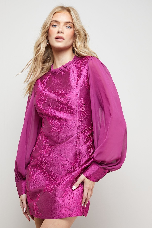 Oasis Structured Jacquard Fit And Flare Mini Dress With Chiffon Sleeve Purple