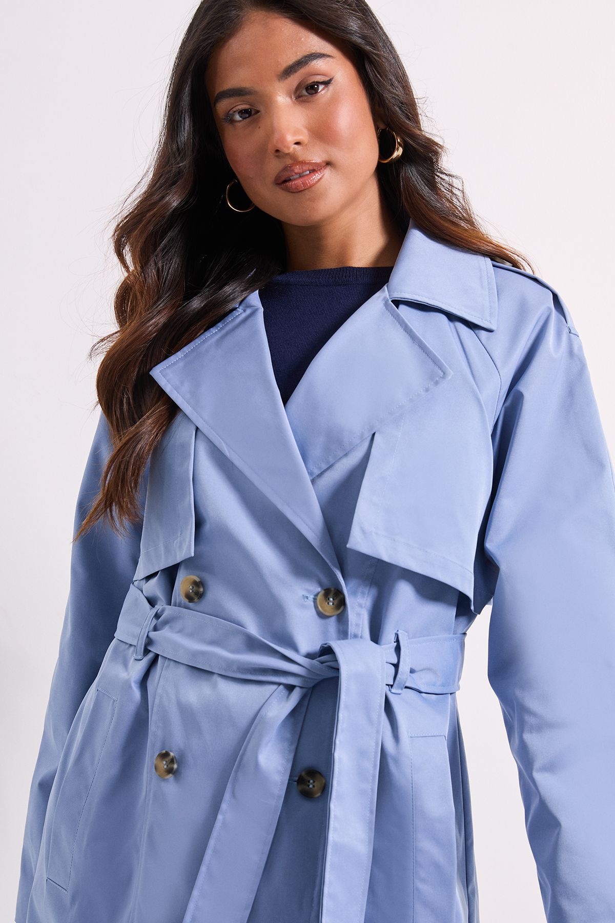 Dorothy Perkins Petite Longline Double Breasted Belted Trench Coat Light Blue image 4