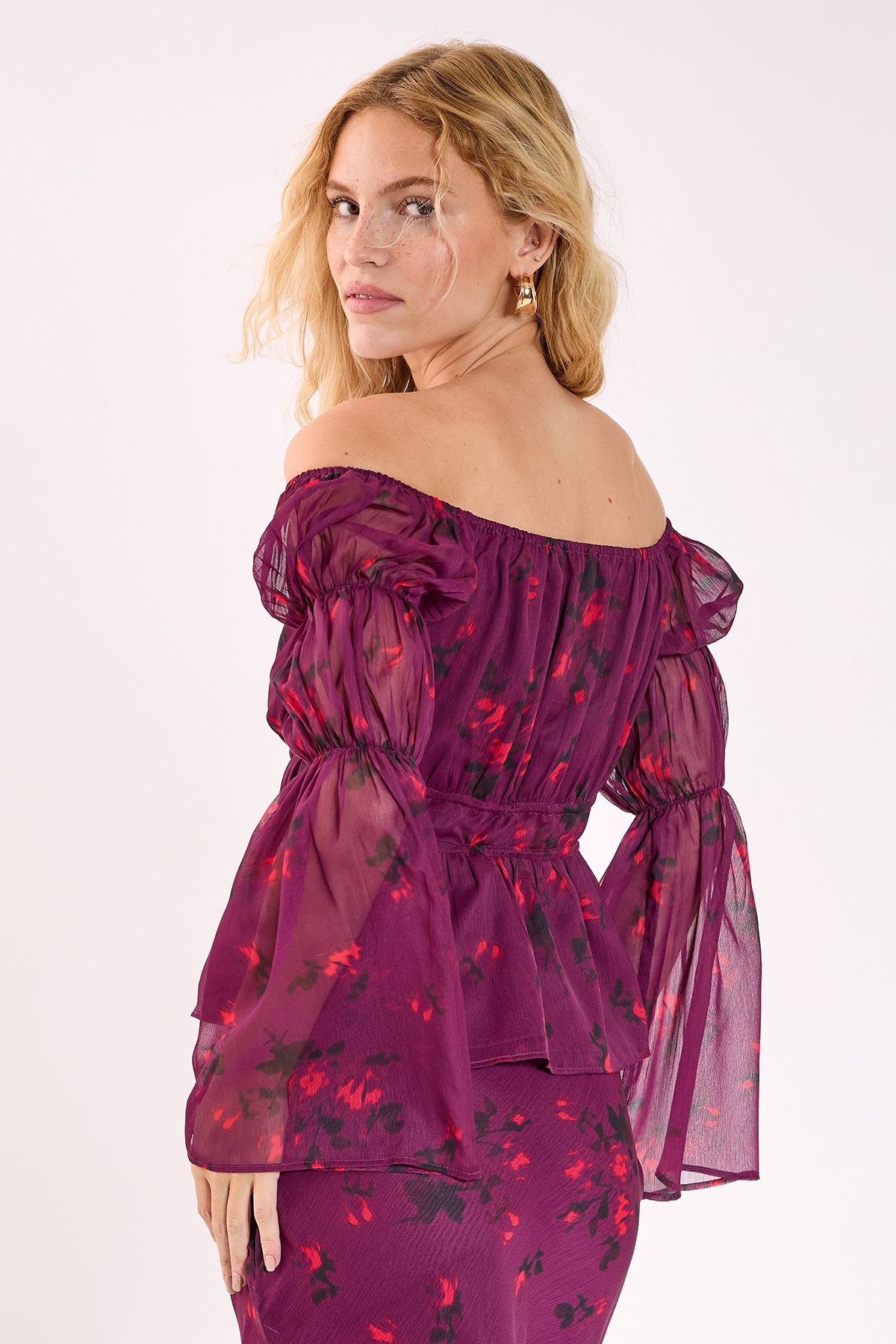 NastyGal Floral Chiffon Bardot Ruched Fluted Sleeve Top Wine image 3