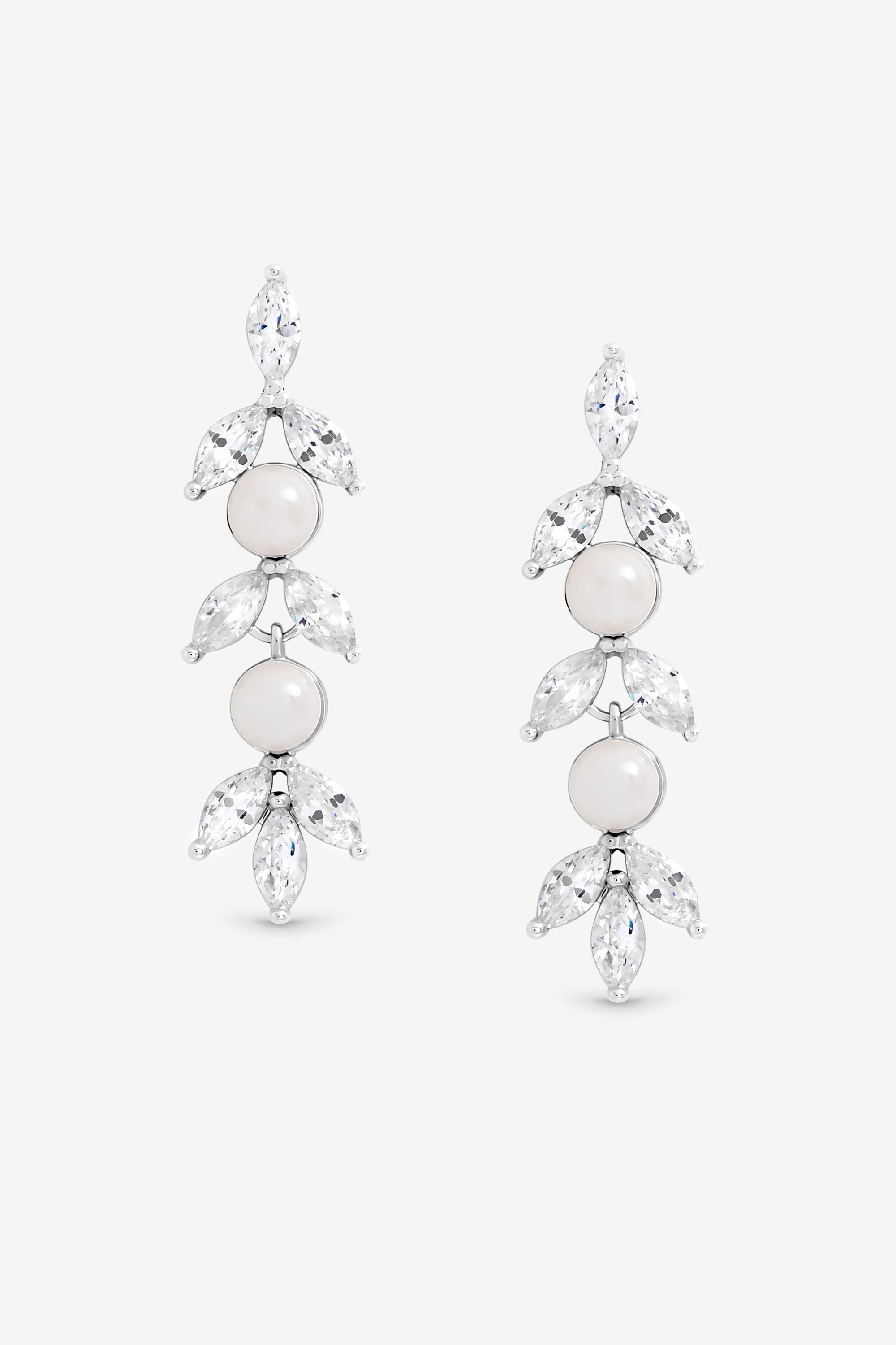 Jon Richard Rhodium Plated Pearl and Crystal Leaf Drop Earrings image 1