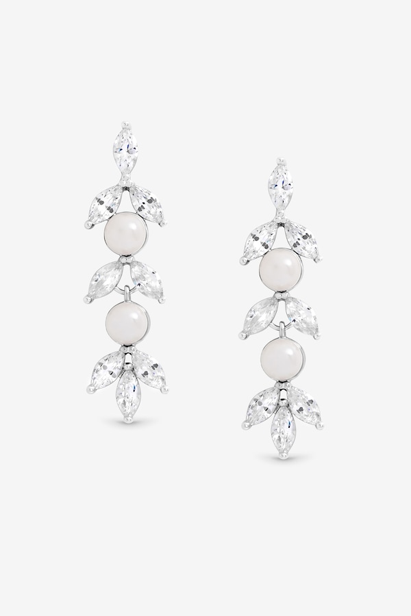 Jon Richard Rhodium Plated Pearl and Crystal Leaf Drop Earrings