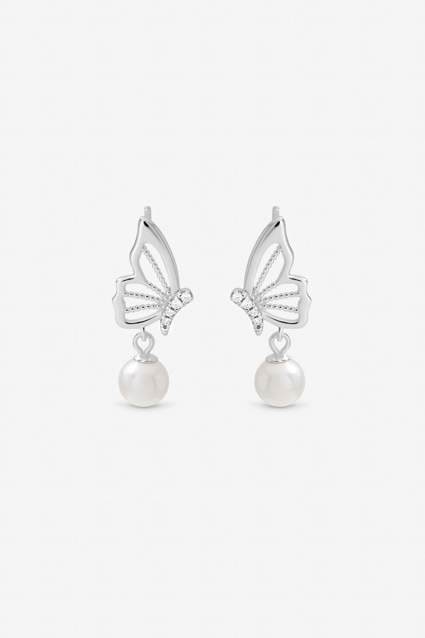 Inicio Sterling Silver Plated Polished Butterfly Pearl Drop Earrings