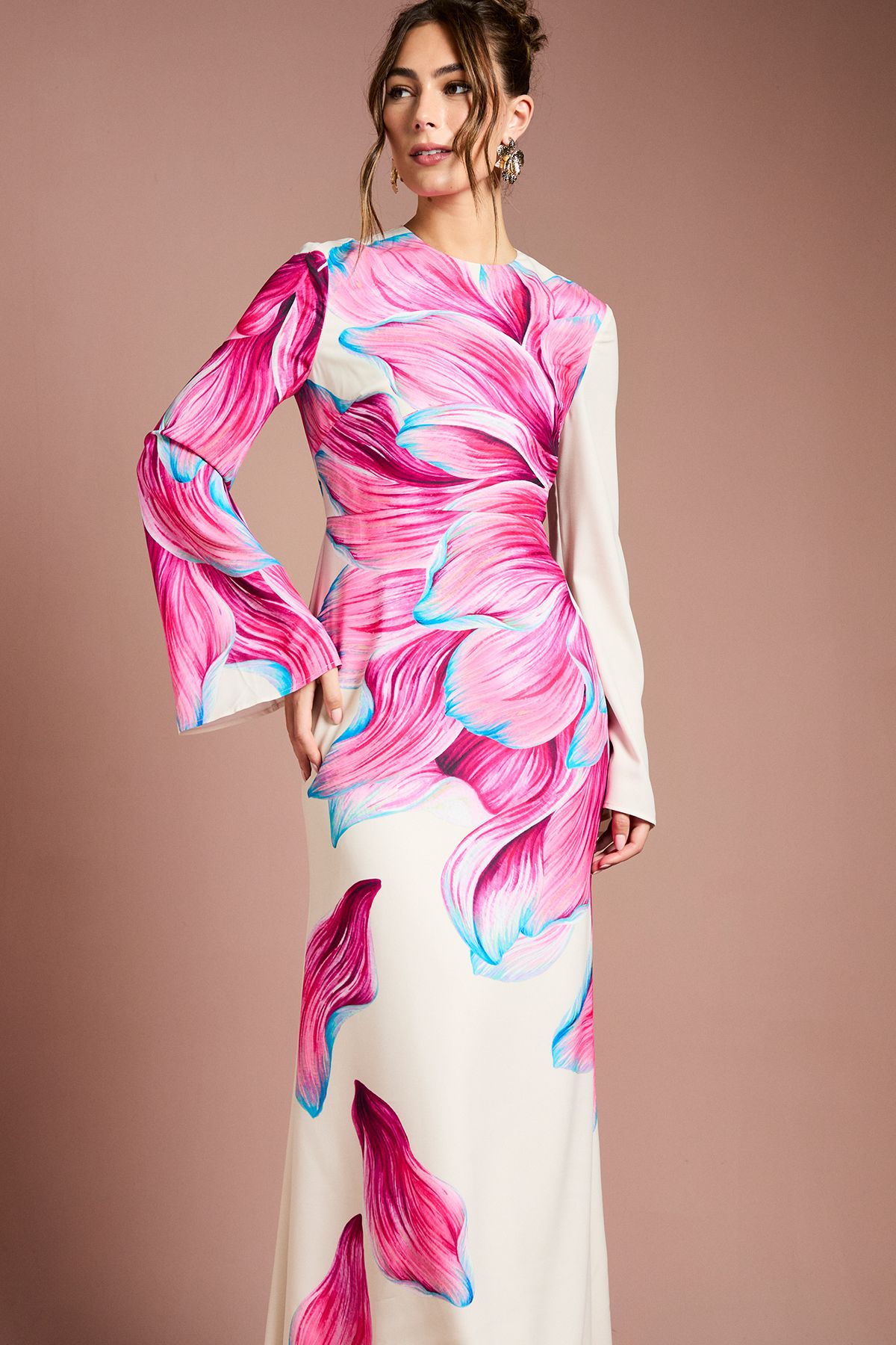 Coast Flare Sleeve High Neck Satin Maxi Dress Pink image 2