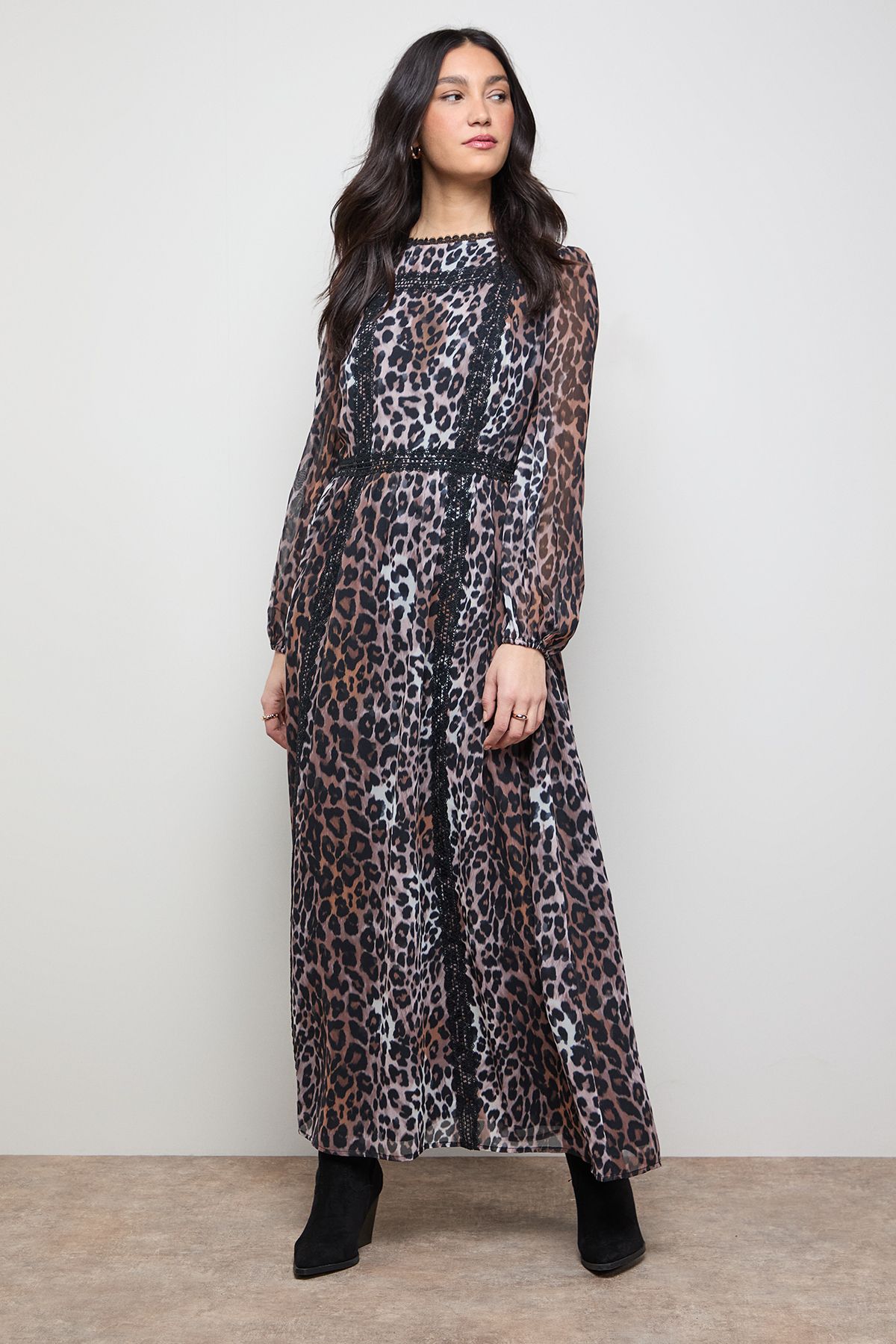 Oasis Printed Lace Trim Balloon Sleeve Midi Smock Dress Multi image 1