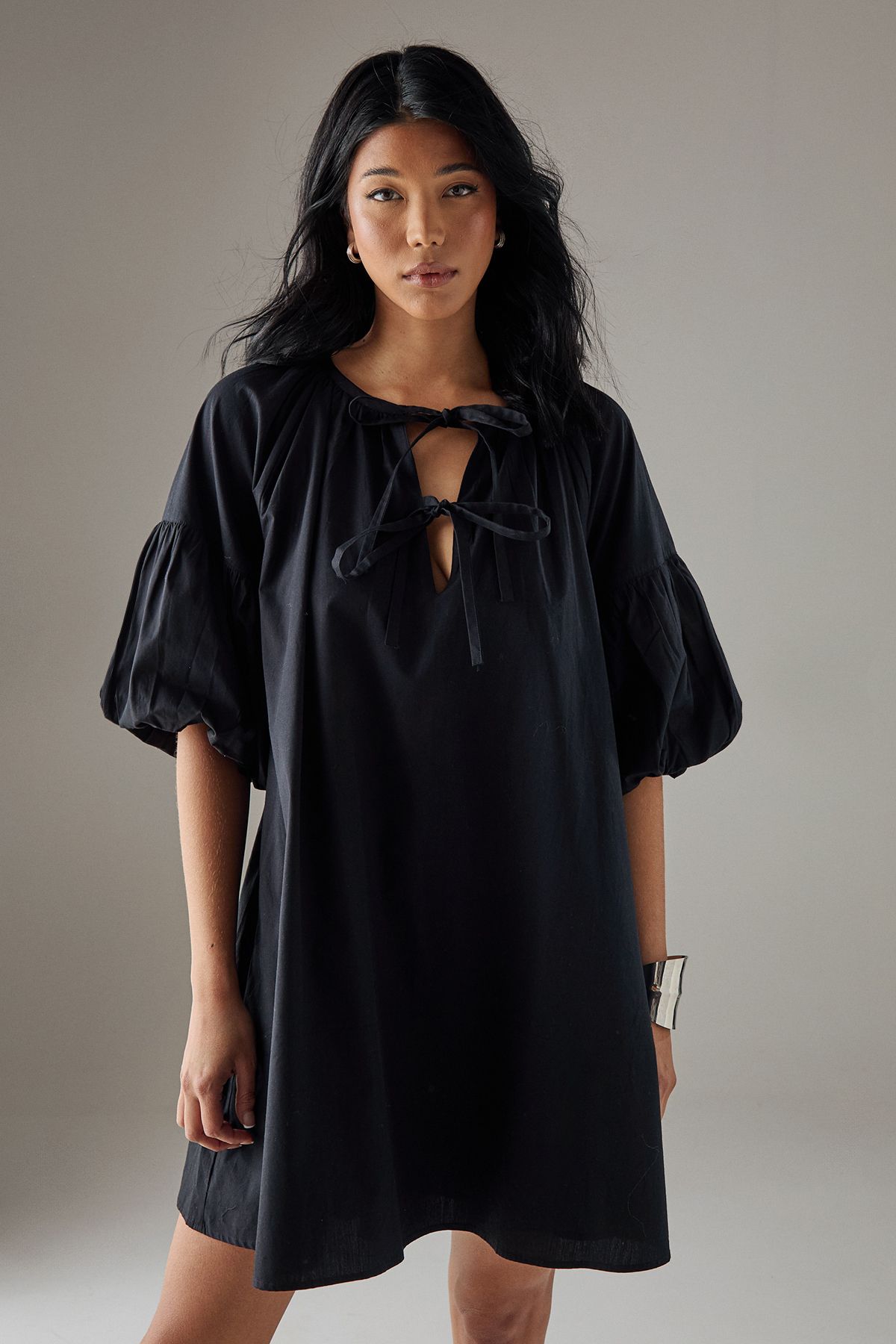 Warehouse Cotton Tie Front Mini Smock Dress Black image 1