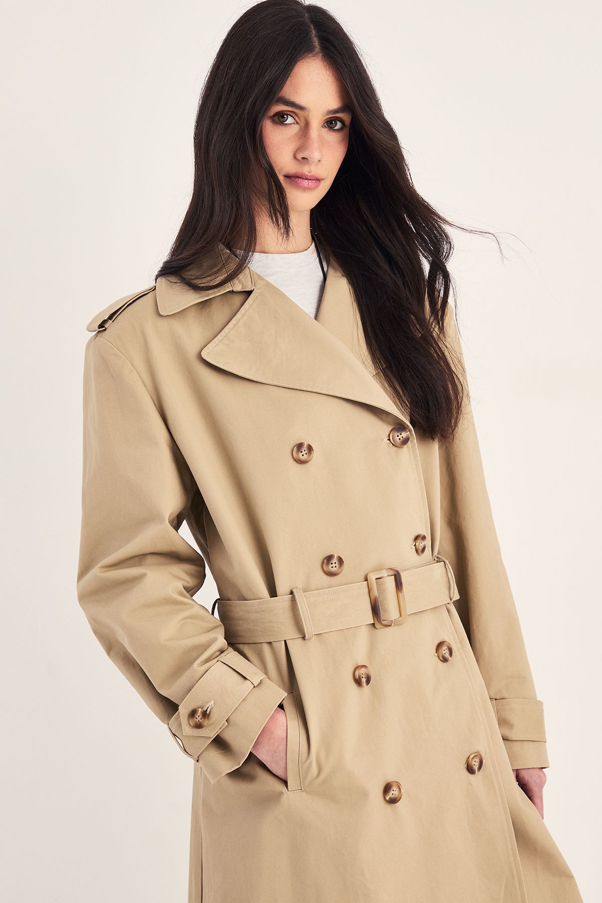 NastyGal Premium Structured Shoulder Longline Trench Coat Stone image 2