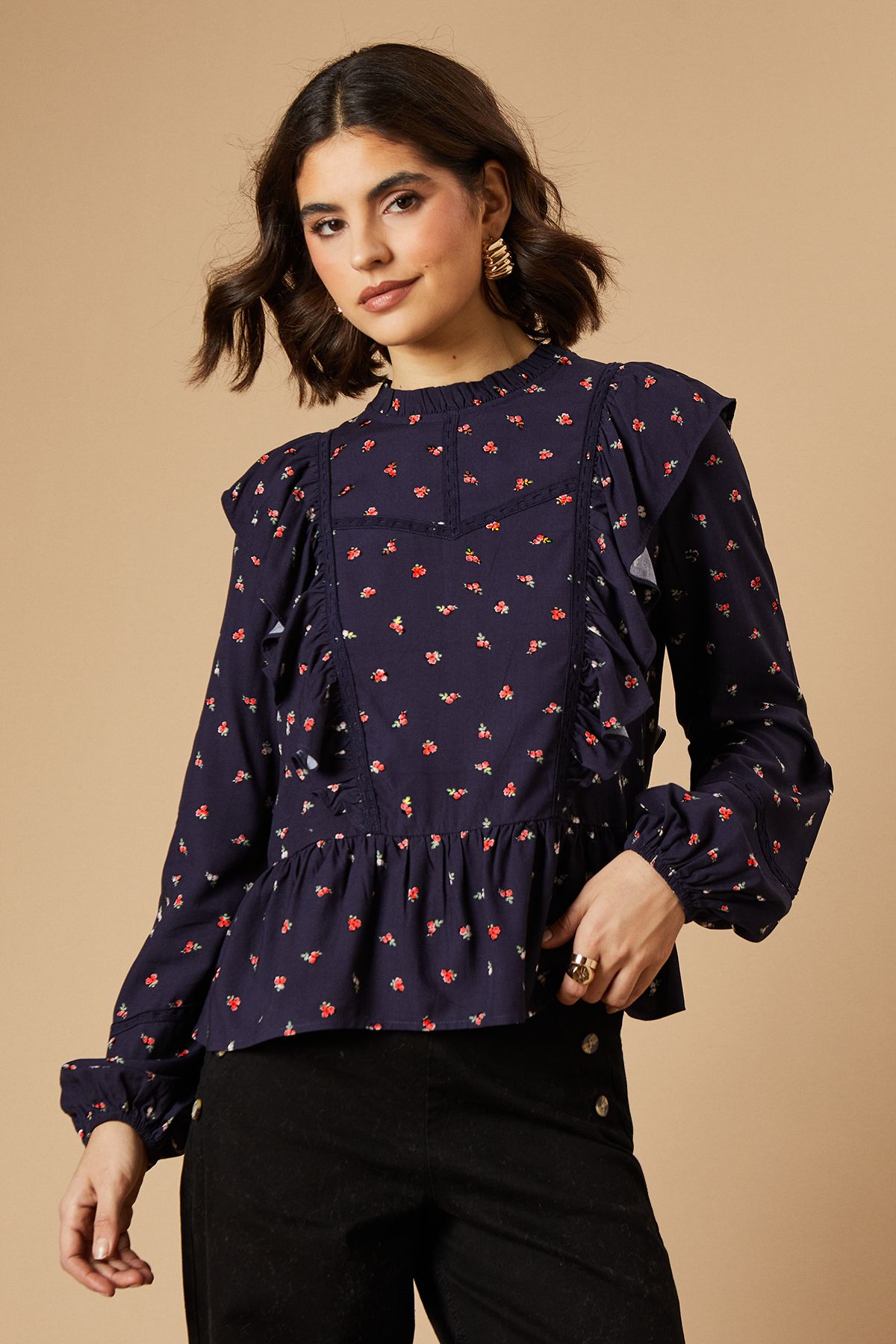 Oasis Ditsy Printed Ruffle Lace Trim Top Navy image 1