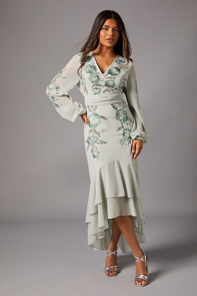Coast Petite Sequin Embellished And Embroidered Hi-Lo Maxi Dress Sage
