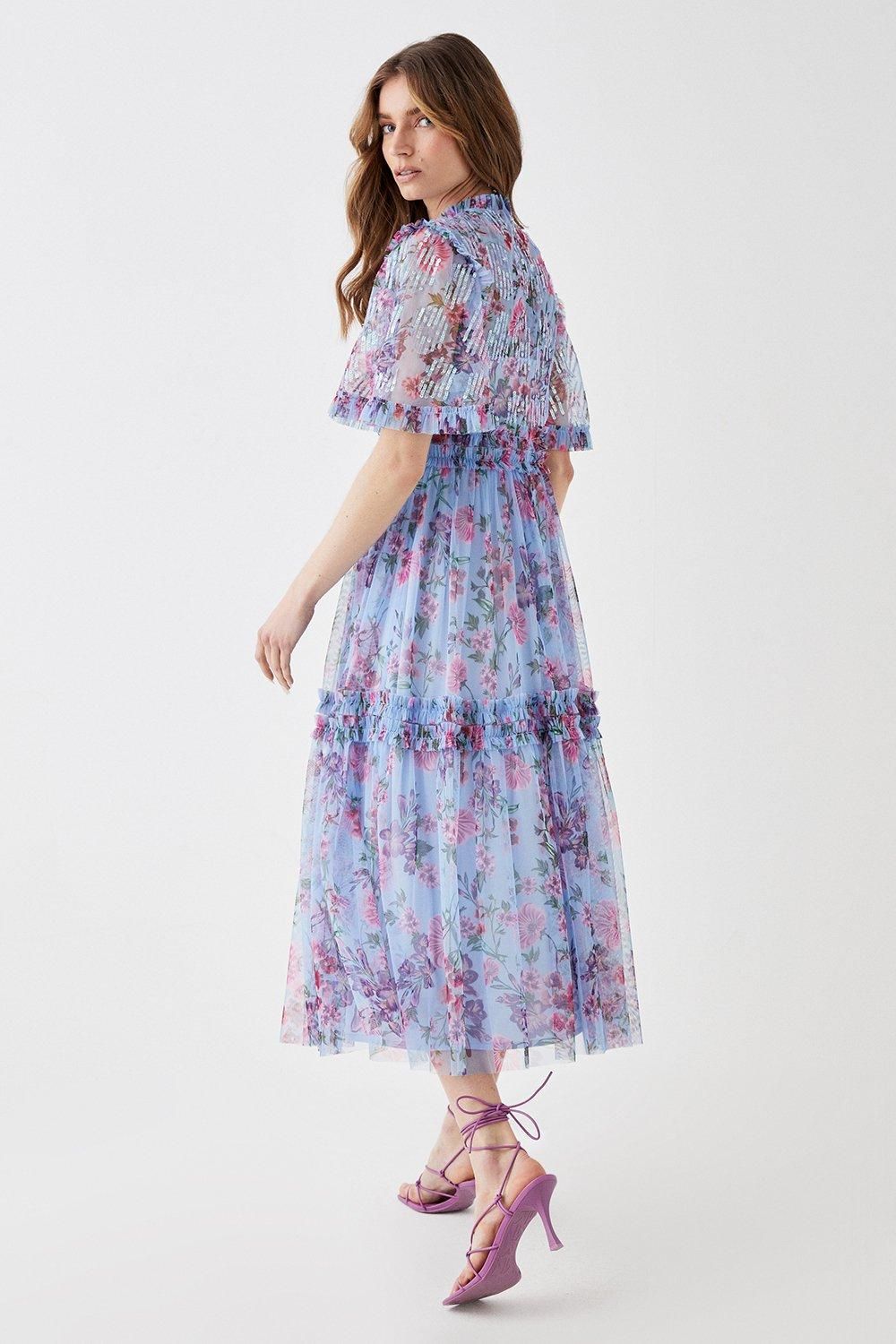 Coast Sequin Angel Sleeve Printed Mesh Midi Dress Blue image 4