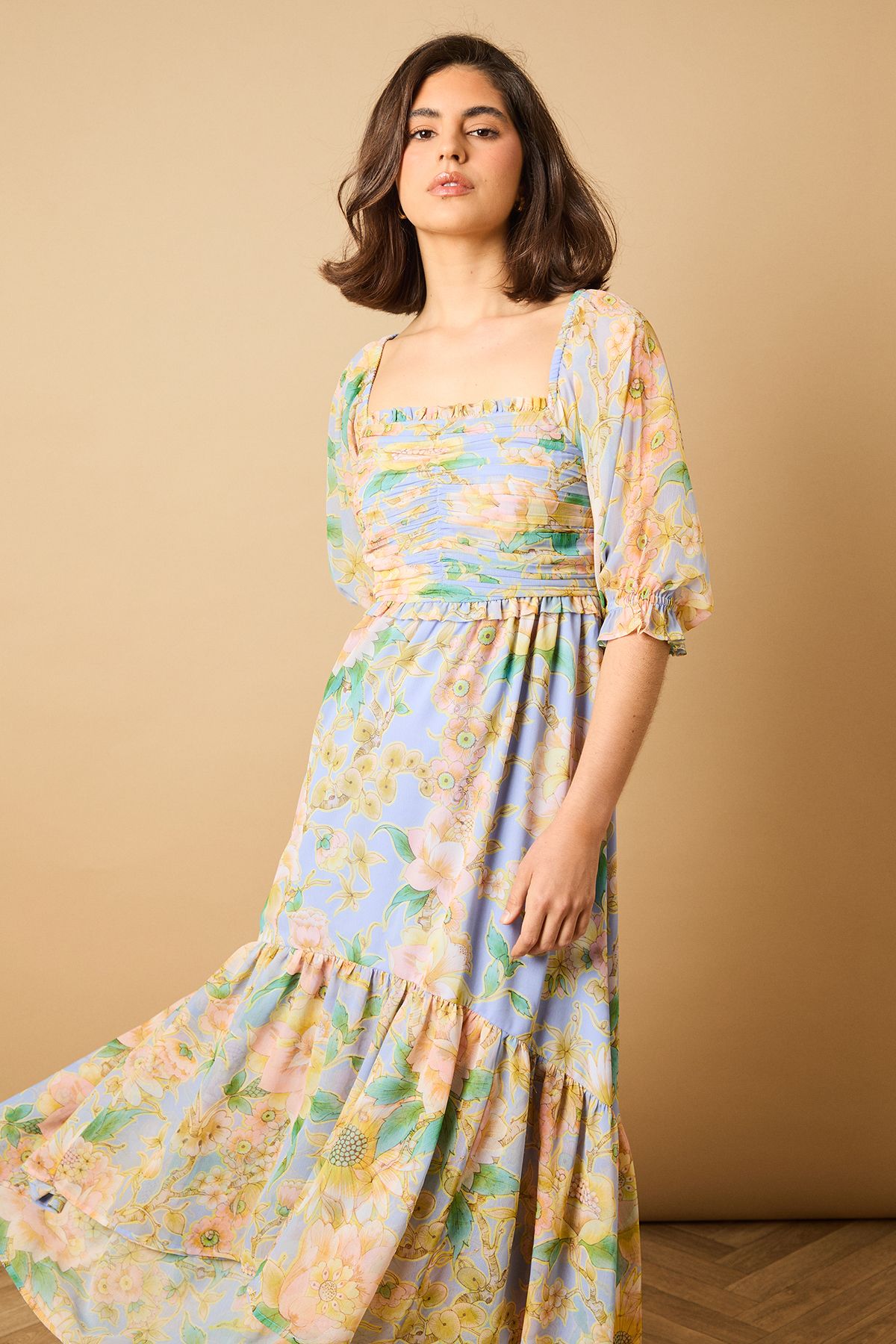 Oasis Floral Babydoll High Low Hem Dress Blue image 2