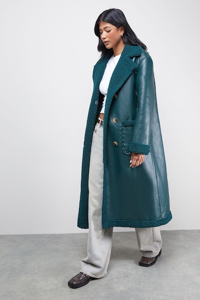 Warehouse Whipstitch Faux Leather Shearling Coat Petrol