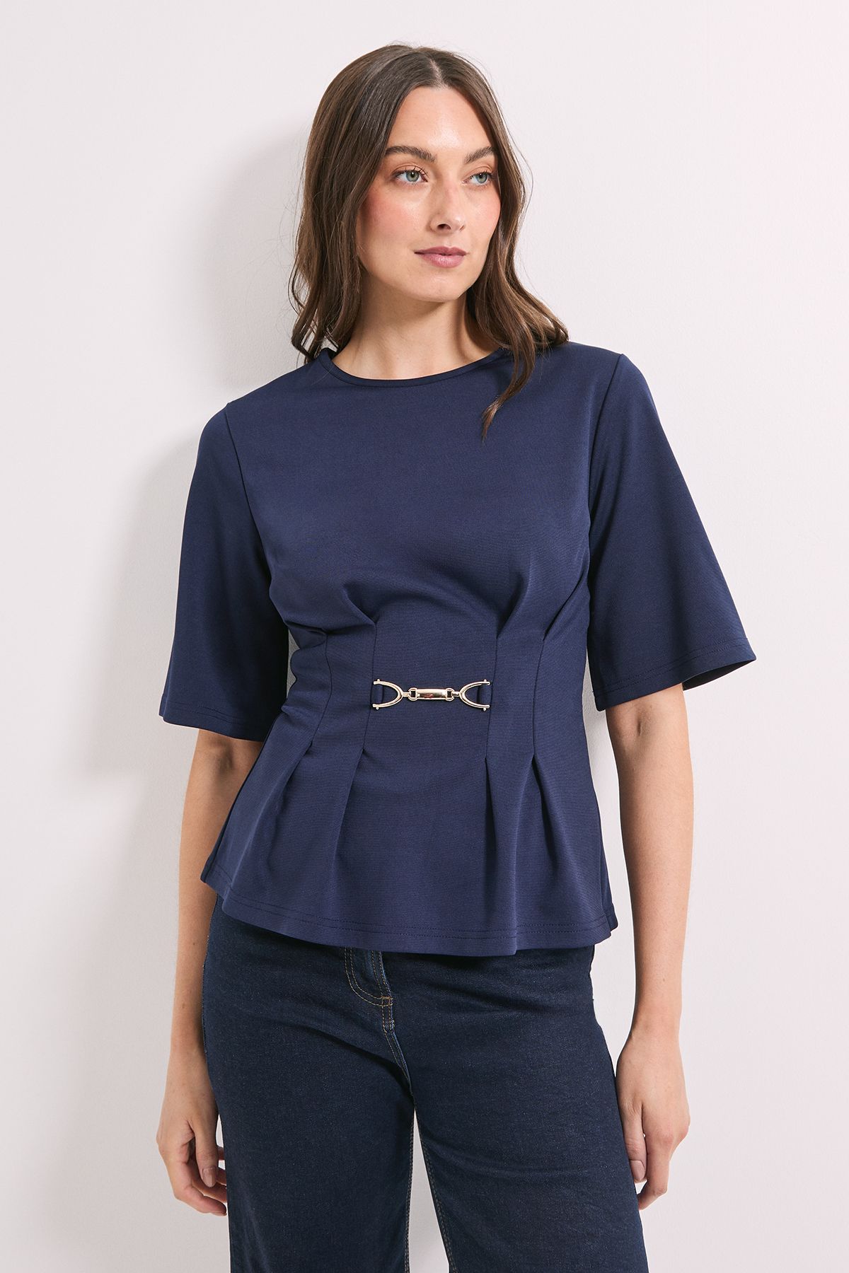 Principles Navy Trim Pleat Detail Ponte Top Navy
