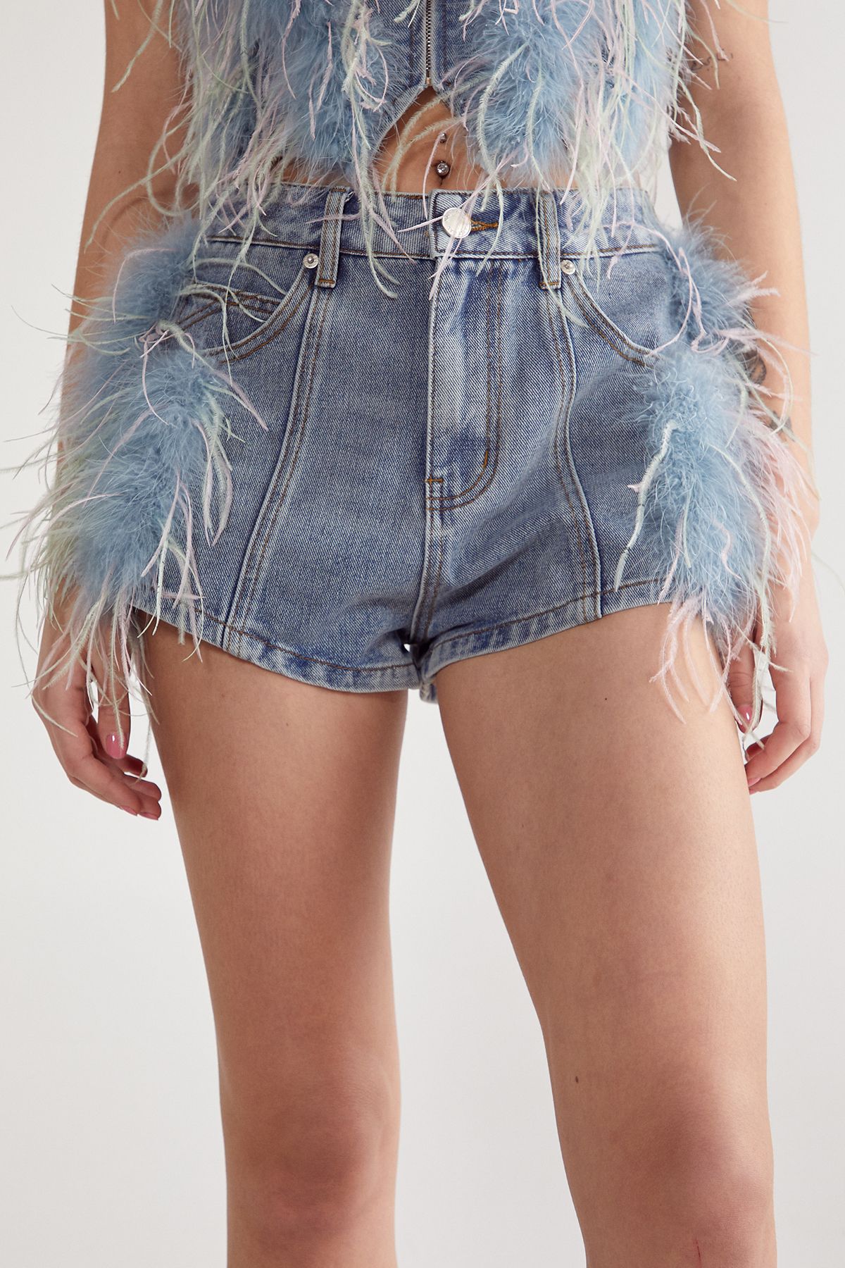 NastyGal Feather Trim Denim Short Authentic Midwash image 2