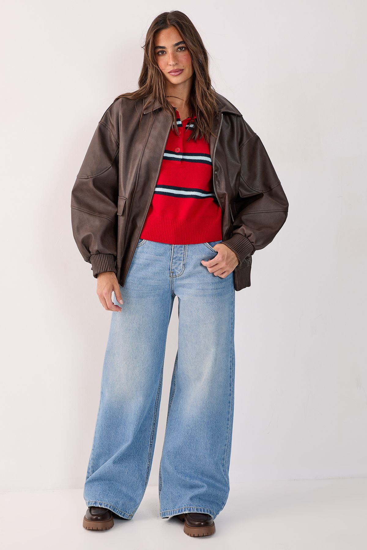 NastyGal Oversized Longline Faux Leather Bomber Jacket Chocolate image 2