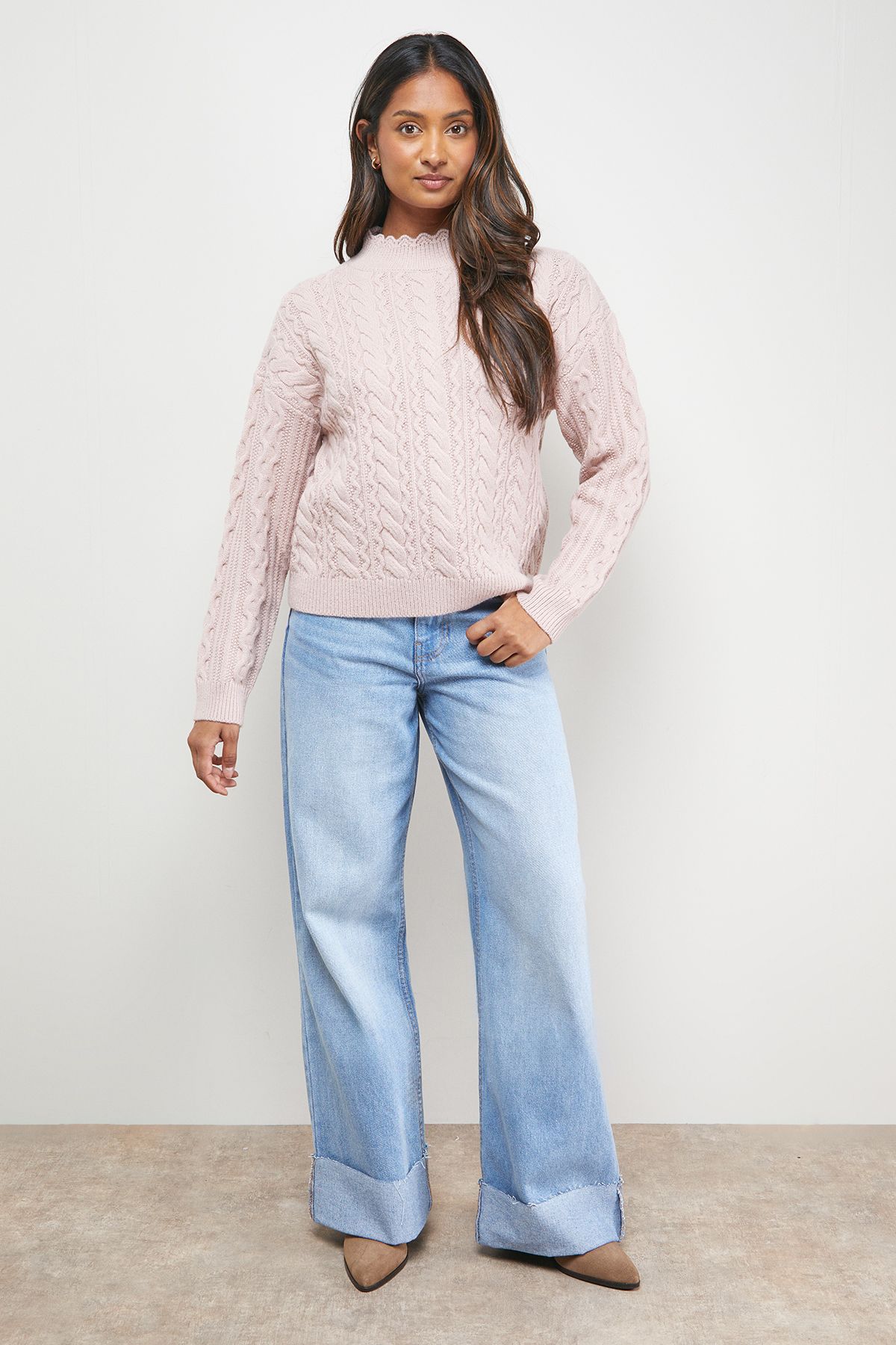 Oasis Wavy Cable Detail Scalloped Neck Jumper Rose image 2