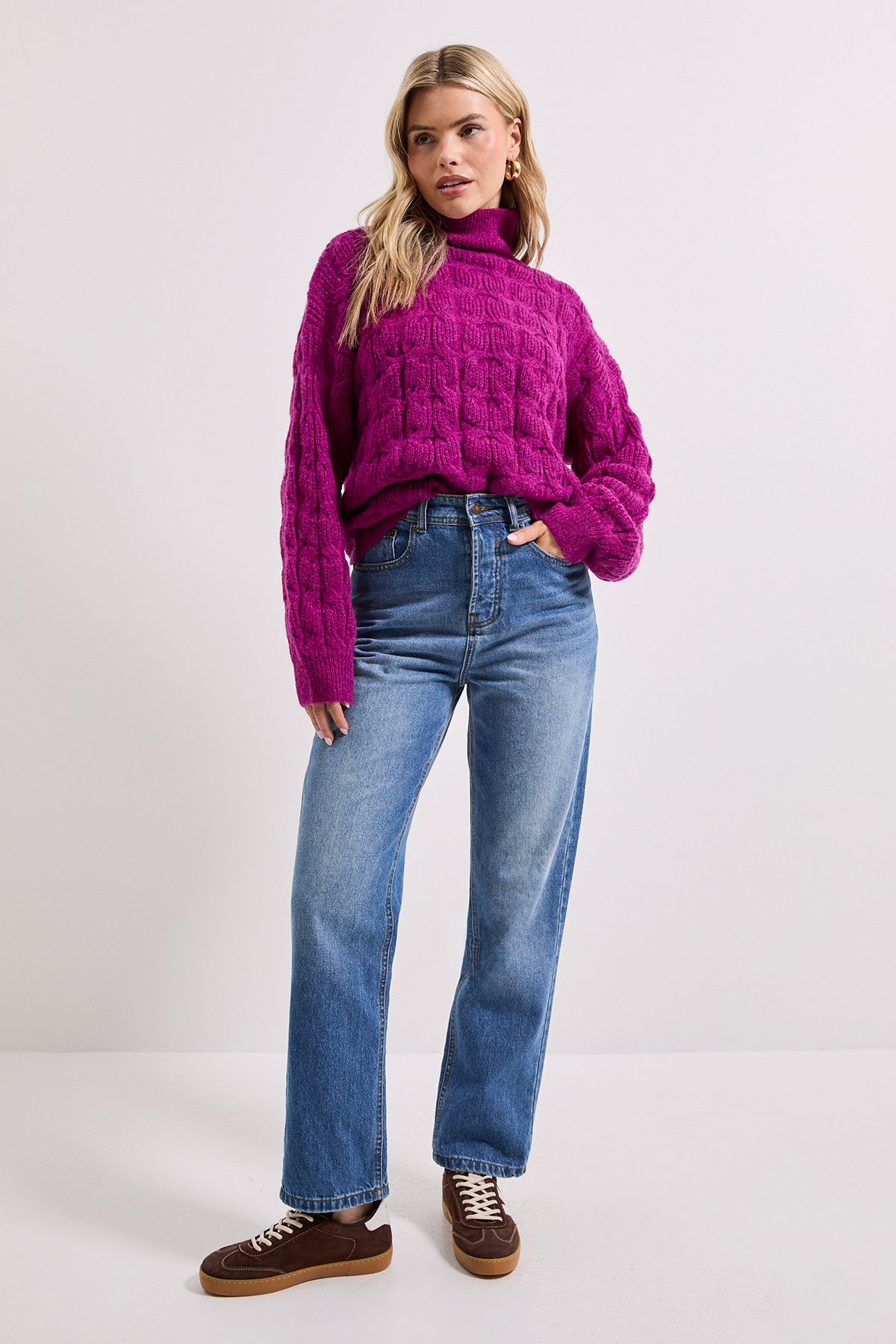 Dorothy Perkins Cable Roll Neck Knitted Jumper Fuchsia image 2