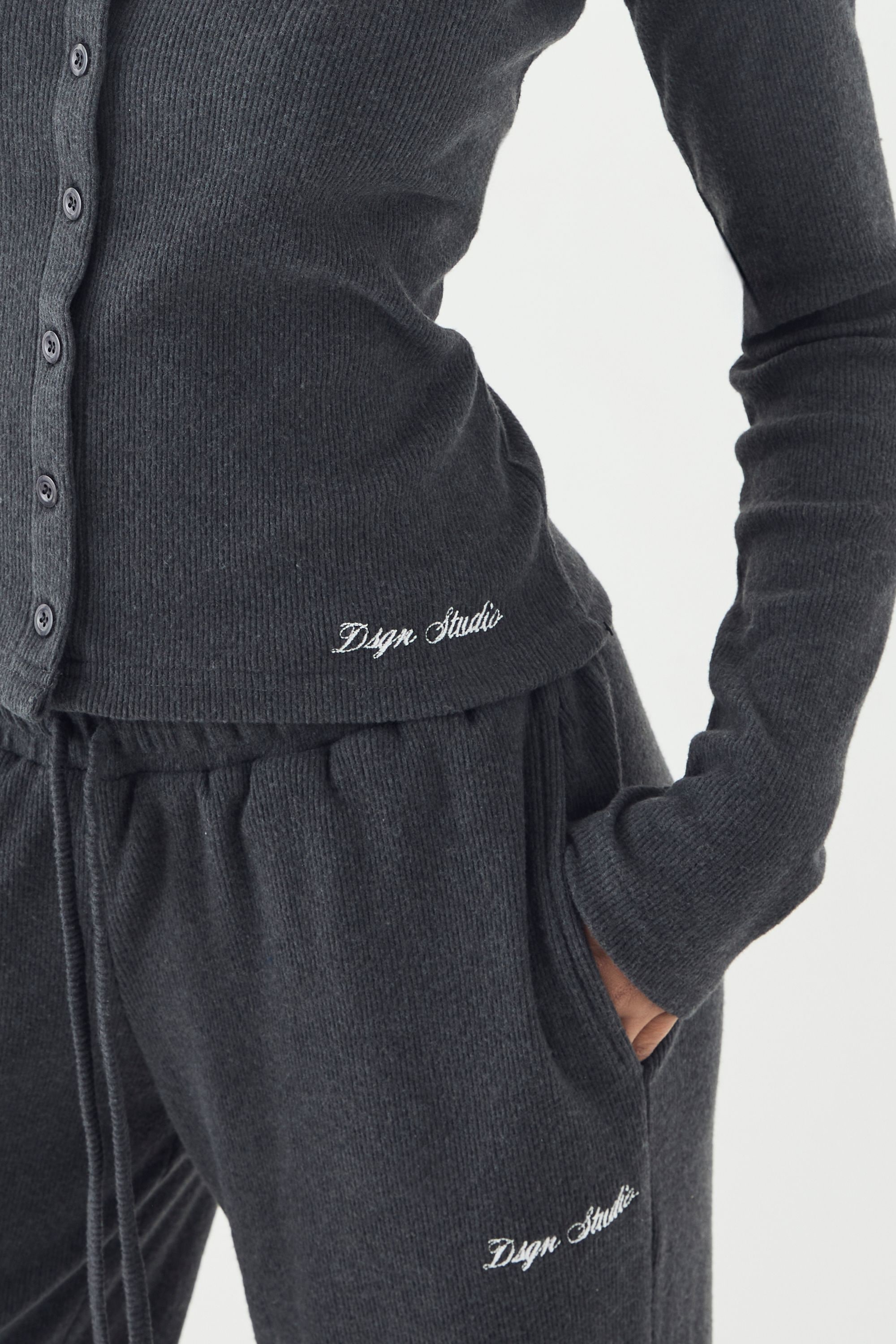 DSGN Studio DSGN Studio Brushed Rib Button Through Long Sleeve Top Charcoal image 4