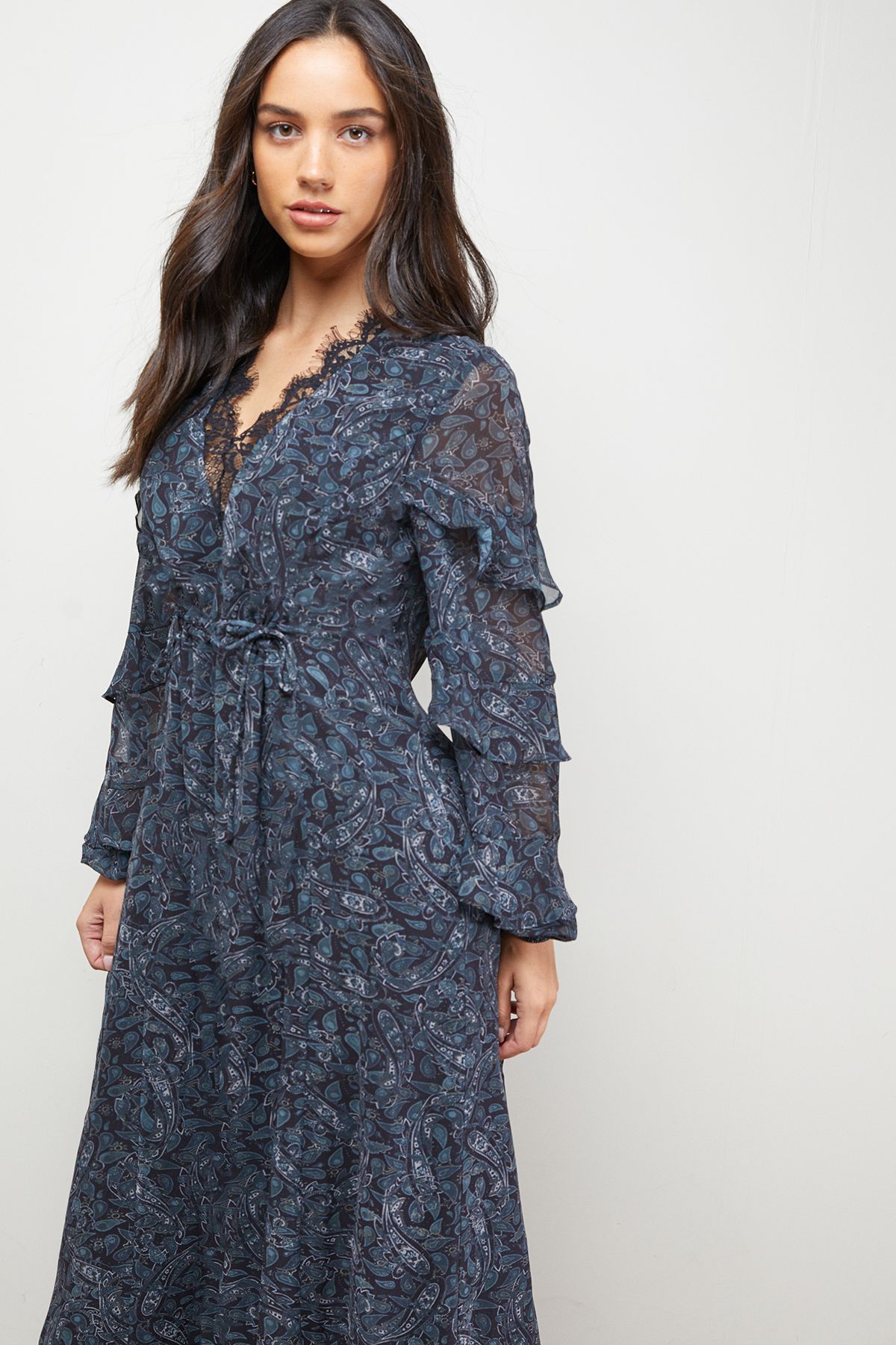 Oasis Printed Lace Detail Frill Sleeve Midi Dress Multi image 4