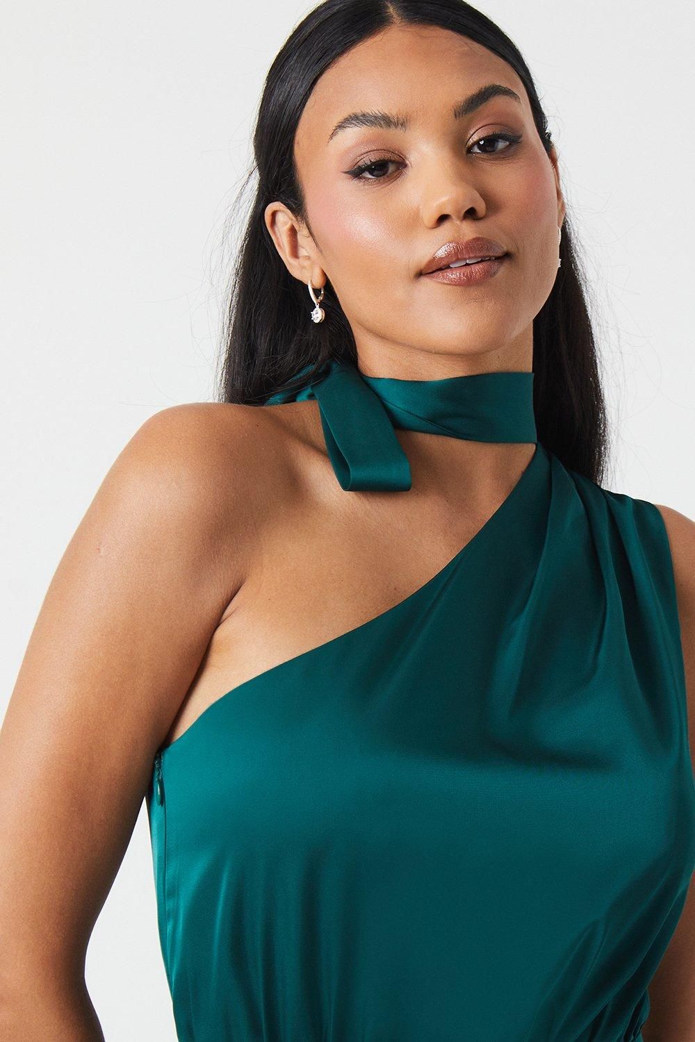 Coast One Shoulder Tie Neck Satin Bridesmaid Dress Emerald image 2