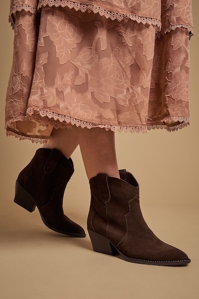 Oasis Amber Real Suede Western Ankle Boots Chocolate