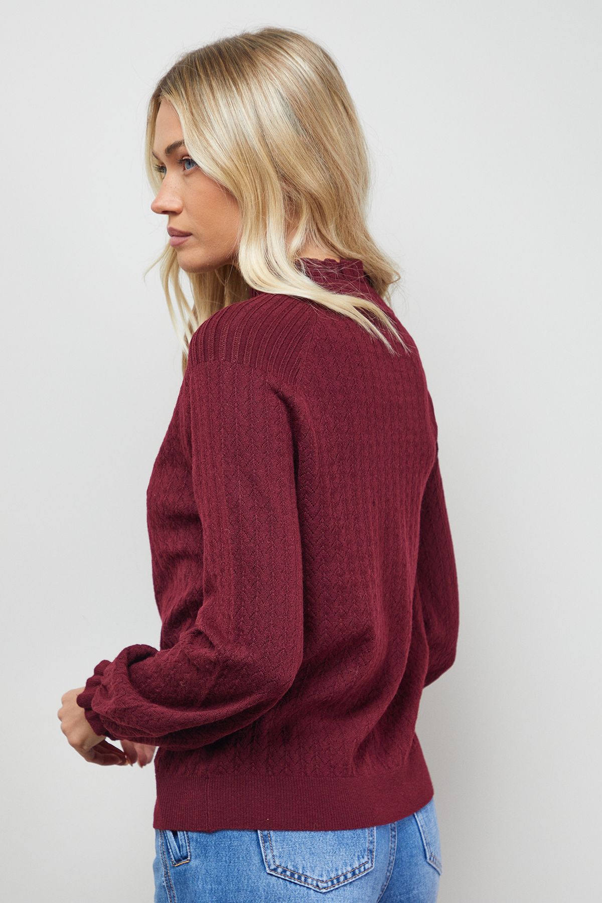 Oasis Ruffle Cuff and Collar Jumper Burgundy image 3