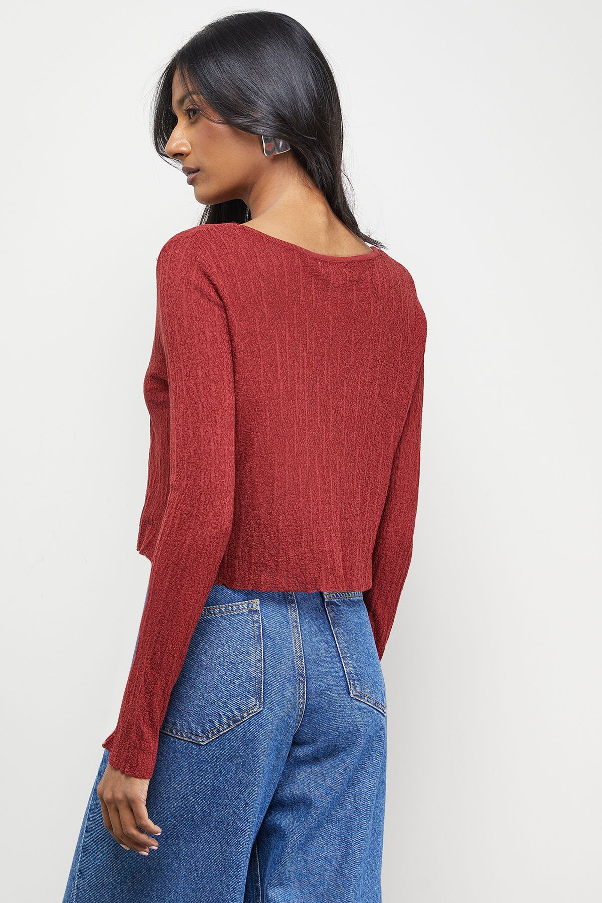 Warehouse Burgundy Crinkle Sheer Tie Detail Cardigan Burgundy image 3