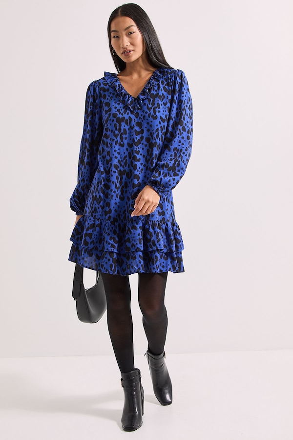 Dorothy Perkins Petite Printed Collar Detail Blouson Sleeve Tiered Mini Dress Blue