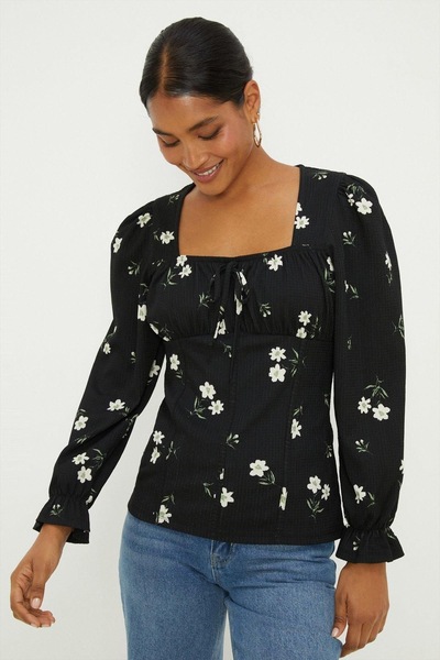 Dorothy Perkins Floral Shirred Cuff Textured Long Sleeve Top Mono