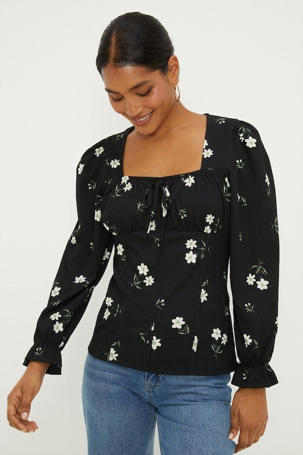 Dorothy Perkins Floral Shirred Cuff Textured Long Sleeve Top Mono