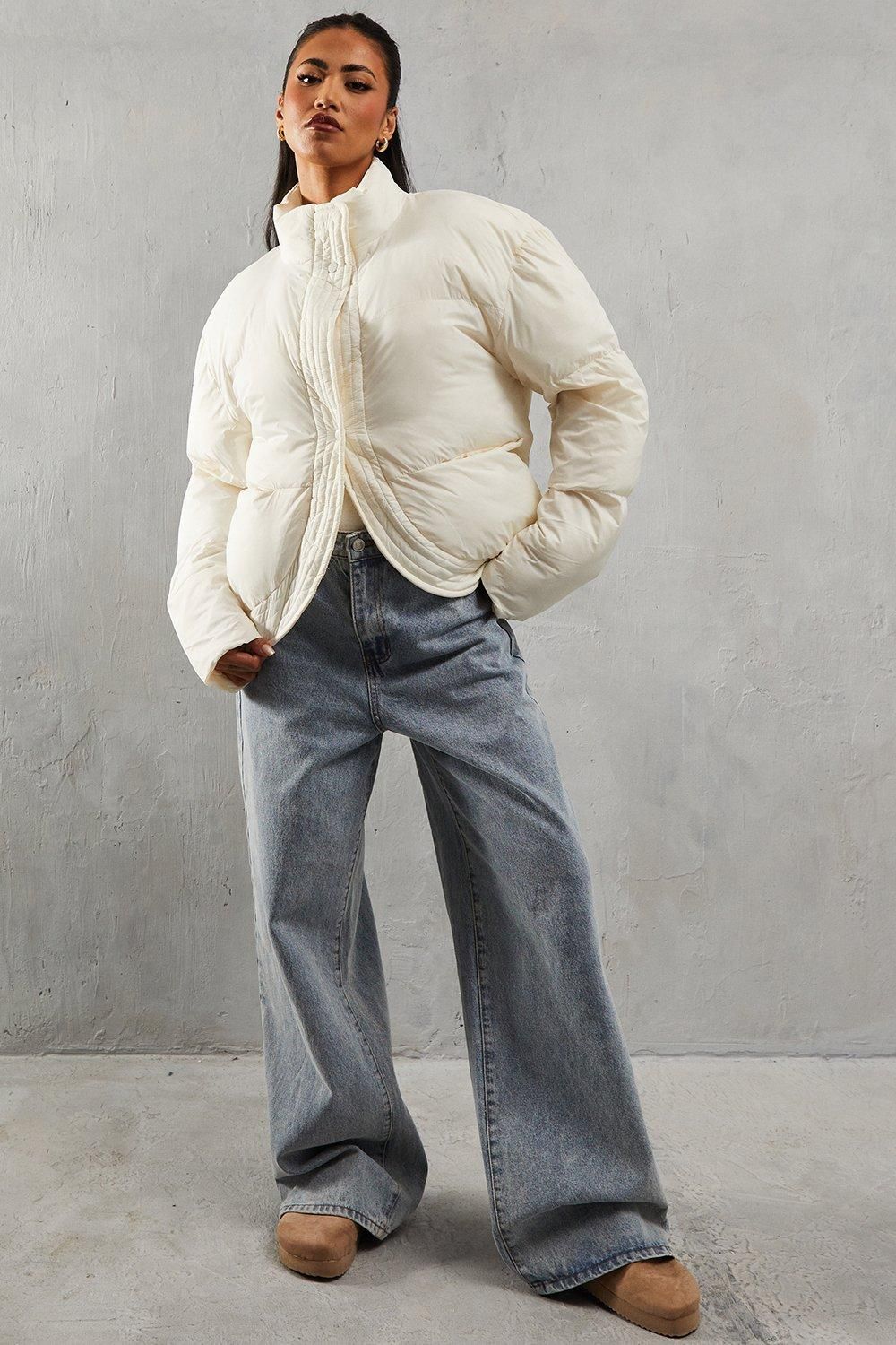 MissPap Ribbed Placket Puffer Coat Cream image 1