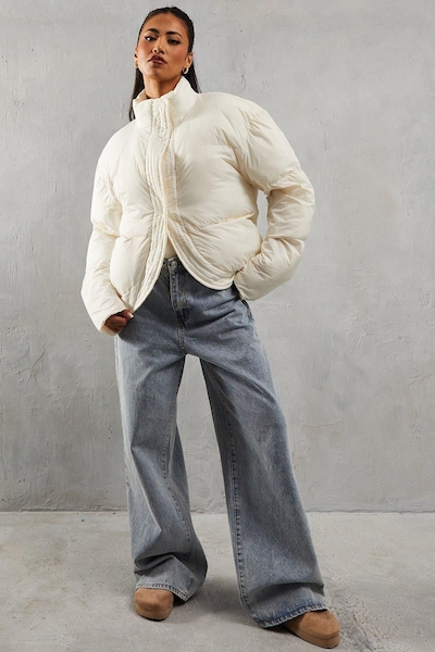 MissPap Ribbed Placket Puffer Coat Cream