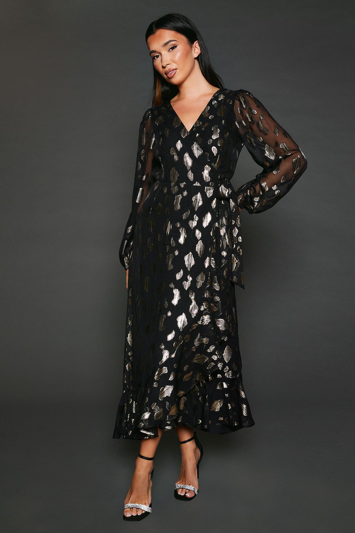Dorothy Perkins Jacquard Ruffle Wrap Long Sleeve Midi Dress Black image 1