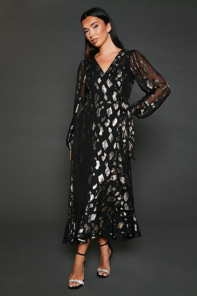 Dorothy Perkins Jacquard Ruffle Wrap Long Sleeve Midi Dress Black
