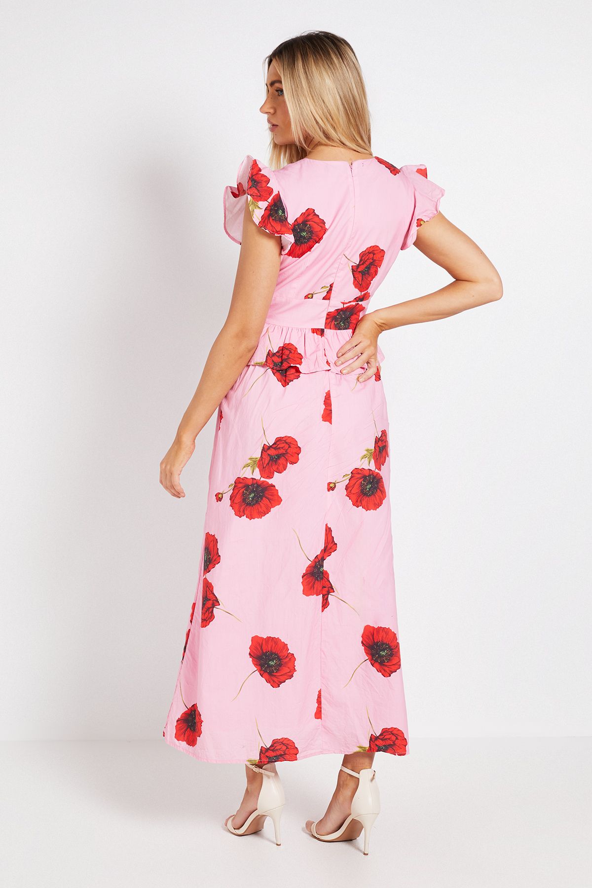 Dorothy Perkins DP Luxe Peplum Frill Detail V Neck Printed Maxi Dress Poppy image 3