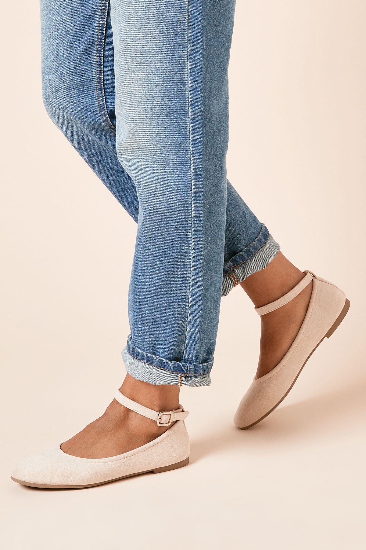 Dorothy Perkins Paula Faux Suede Square Toe Ankle Strap Ballet Pumps Taupe image 1