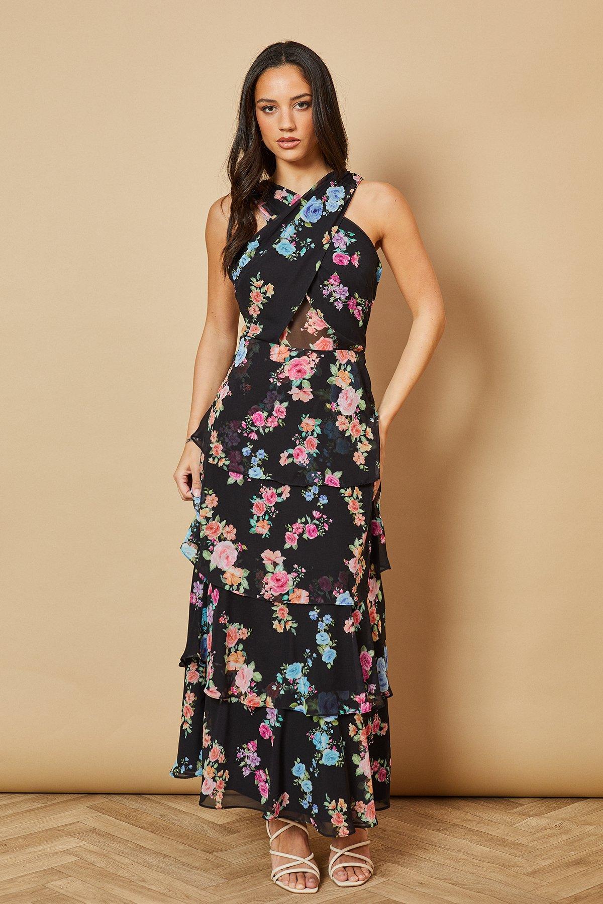 Cinders Tied Plunging Neckline Maxi Dress Flower Black
