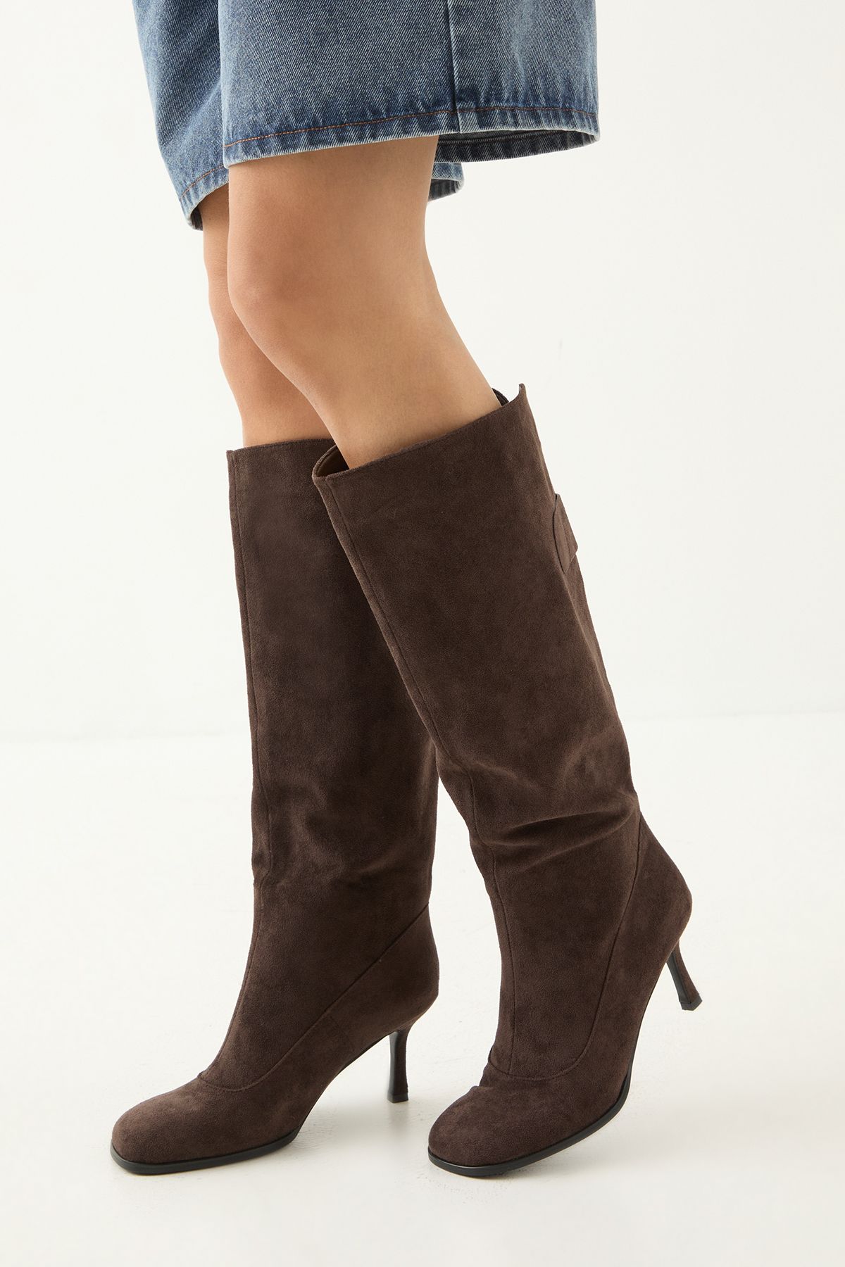 MissPap Faux Suede Square Toe Stiletto Heel Knee Boots Dark Brown image 4