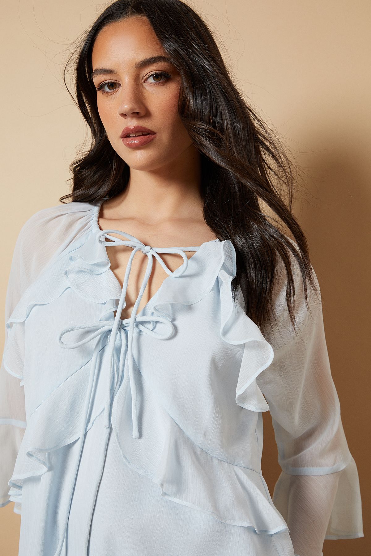 Oasis Boho Ruffle Flute Sleeve Blouse Pale Blue image 4