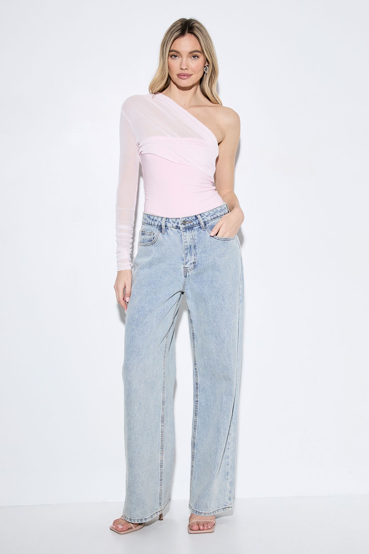 MissPap Mesh One Shoulder Bodysuit Baby Pink image 2