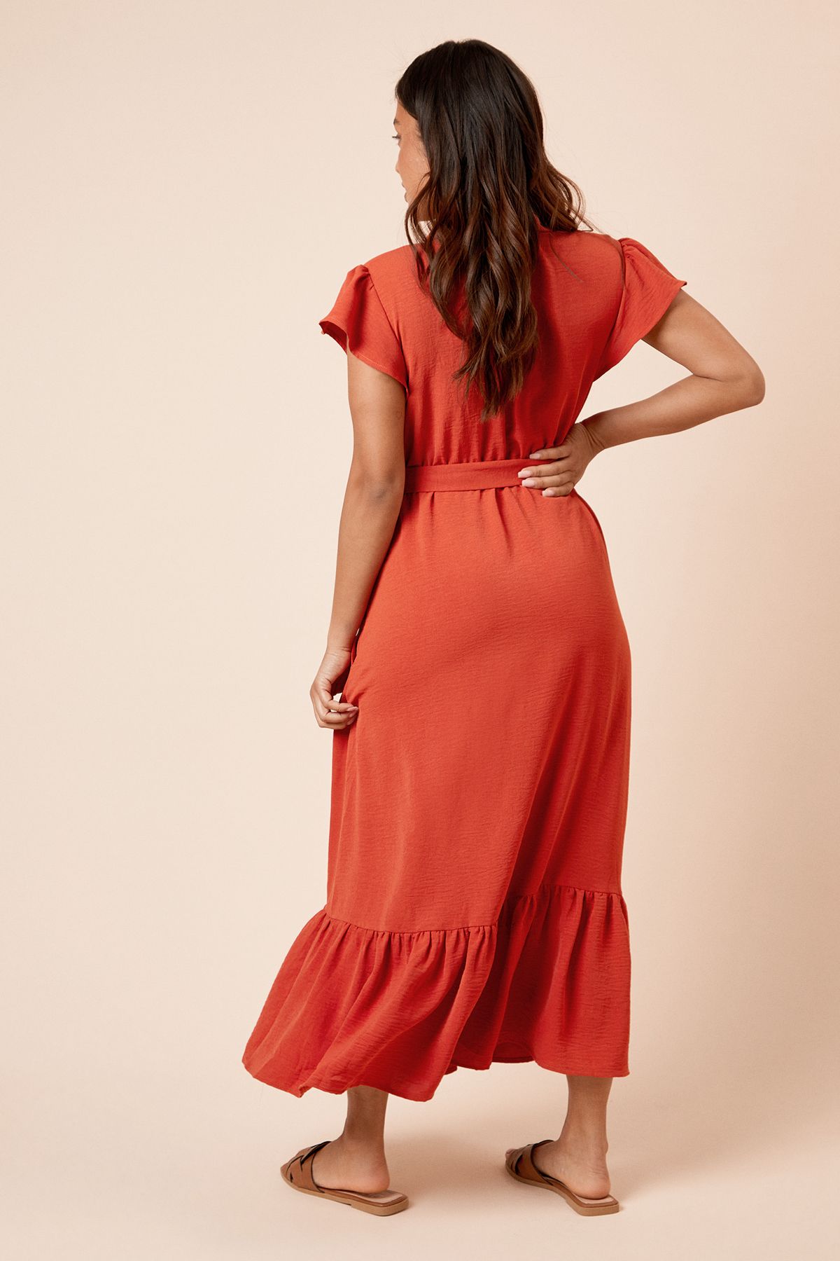 Dorothy Perkins Petite Frill Sleeve Belted Midi Shirt Dress Orange image 3