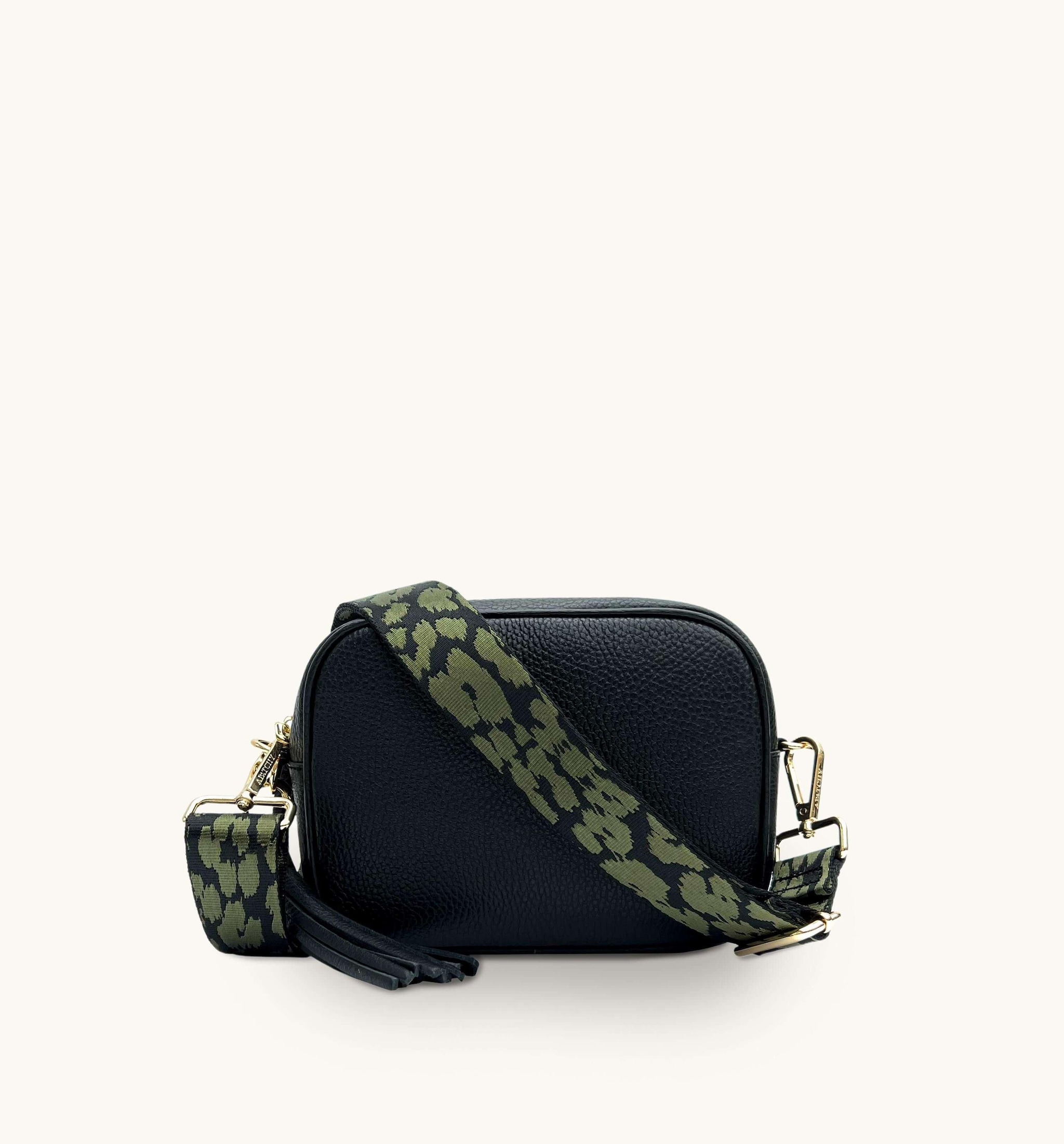 Apatchy London Black Leather Crossbody Bag With Olive Green Cheetah Strap image 1