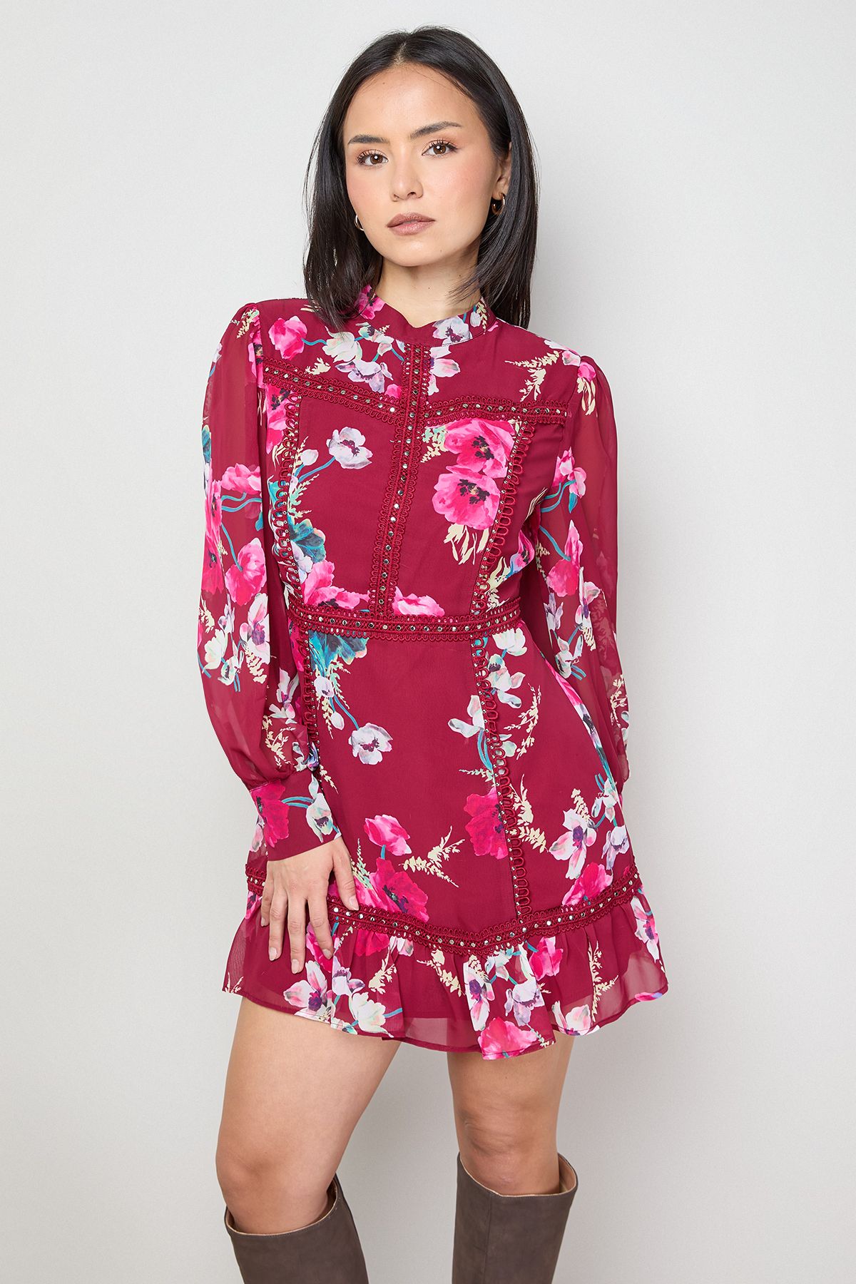 Oasis Petite Printed Stud Trim Chiffon Mini Dress Floral