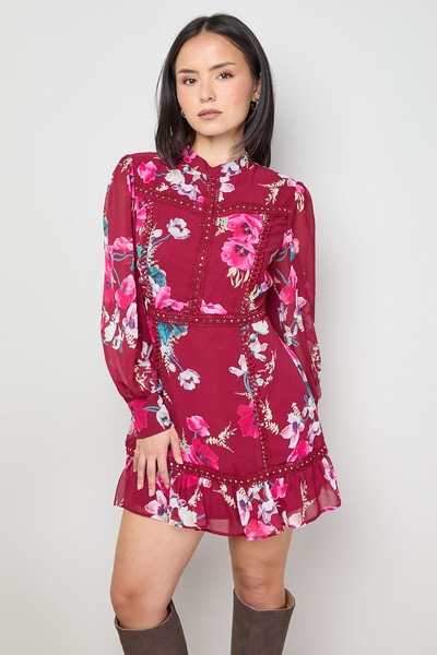Oasis Petite Printed Stud Trim Chiffon Mini Dress Floral