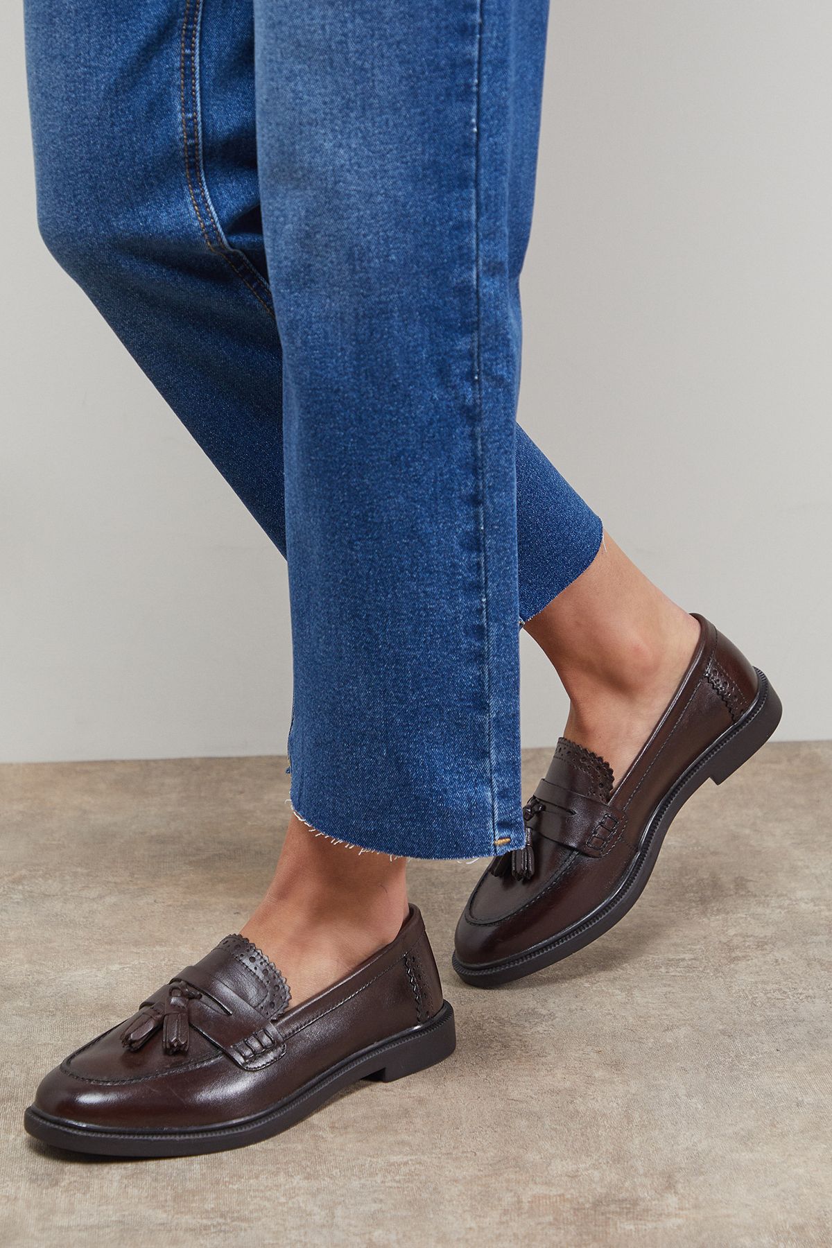 Oasis Bunny Real Leather Brogue Detail Tassel Loafers Brown image 2